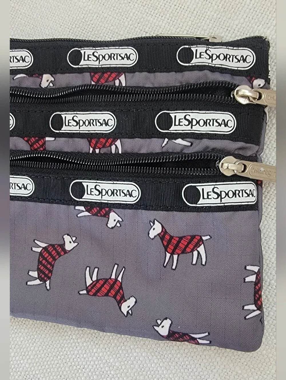 LeSportsac Gray Triple-Zip Pouch with Terrier Toss Print!